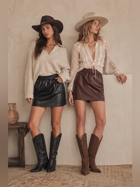Babaton Dresses & Skirts - Aritzia Babaton Vegan Leather Mini Skirt BUNDLE Black AND Brown‎ pockets boho